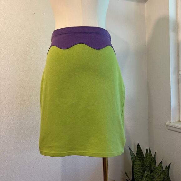 Vintage 90s Lime Green Wavy Purple Elastic Waist Mini Skirt Size Large - Picture 1 of 8